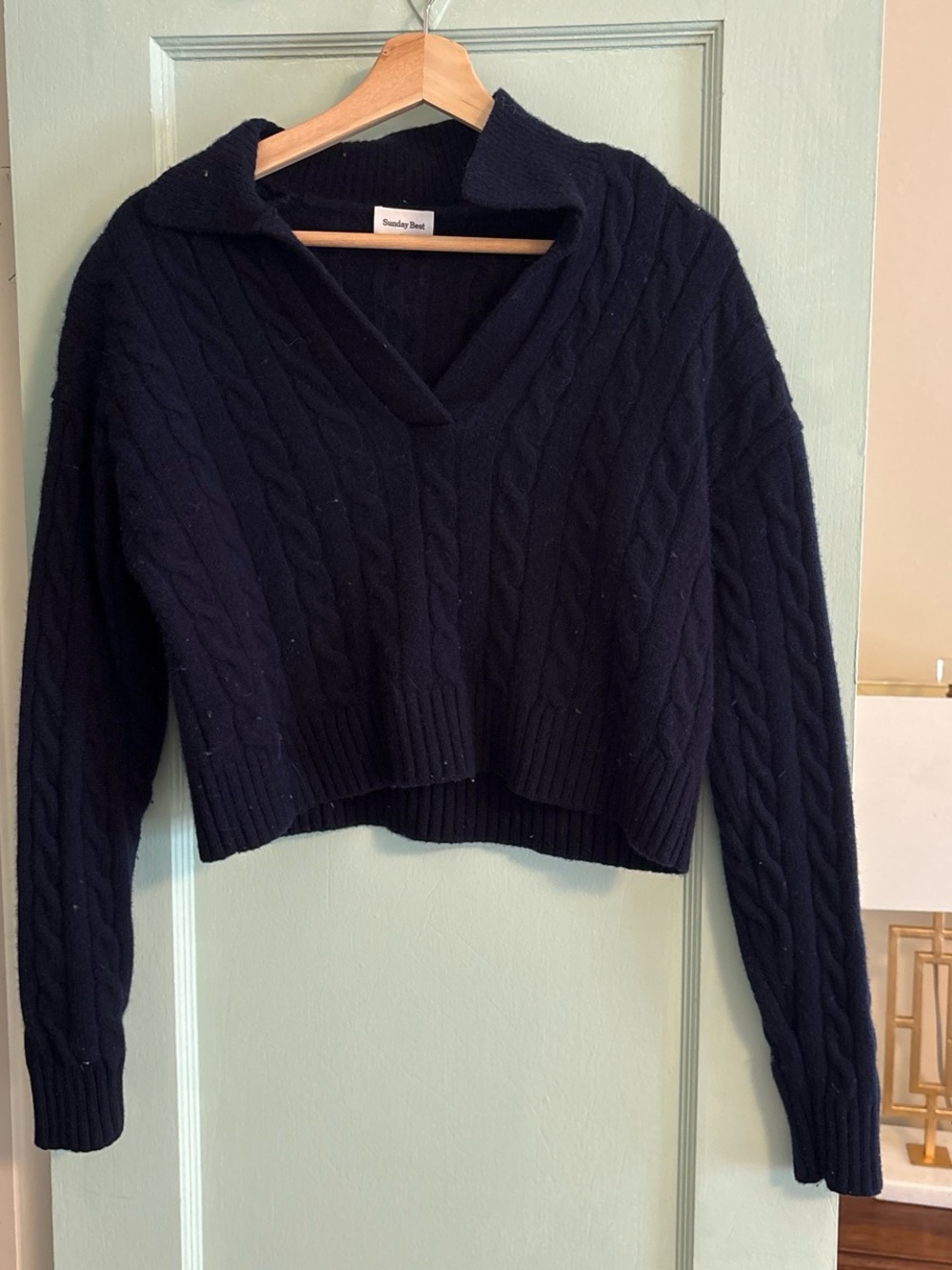 Sunday Best Navy Blue Cable-Knit Collared V-Neck Sweater
